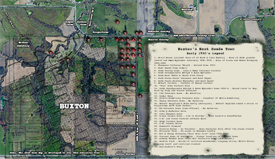 1919 plat map of Buxton overlaid on the 2014 satellite view of what was once Buxton.