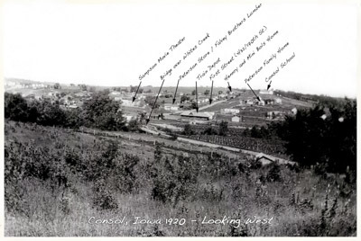 1920's Consol, Iowa looking west with buildings identified.