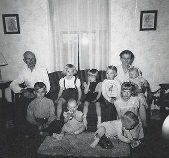 Dave and Emma Peterson in 1948 photo with their grandchildren